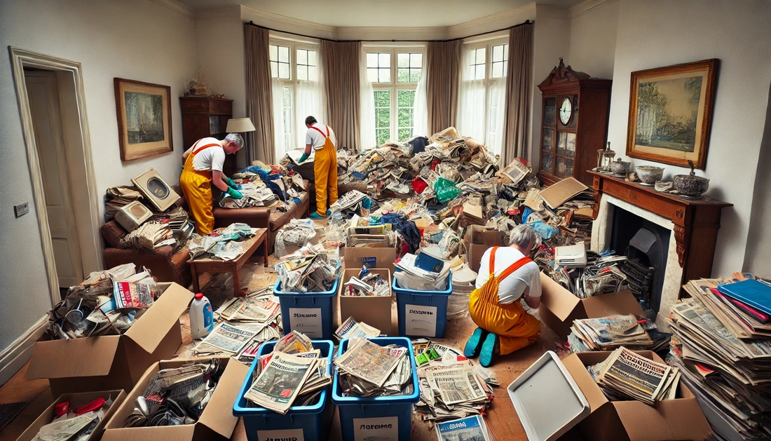 Sorting through cluttered belongings during a sensitive hoarder house clearance Sorting through cluttered belongings during a sensitive hoarder house clearance