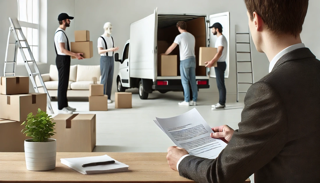 Estate agent reviewing documentation while a house clearance crew loads a van Estate agent reviewing documentation while a house clearance crew loads a van