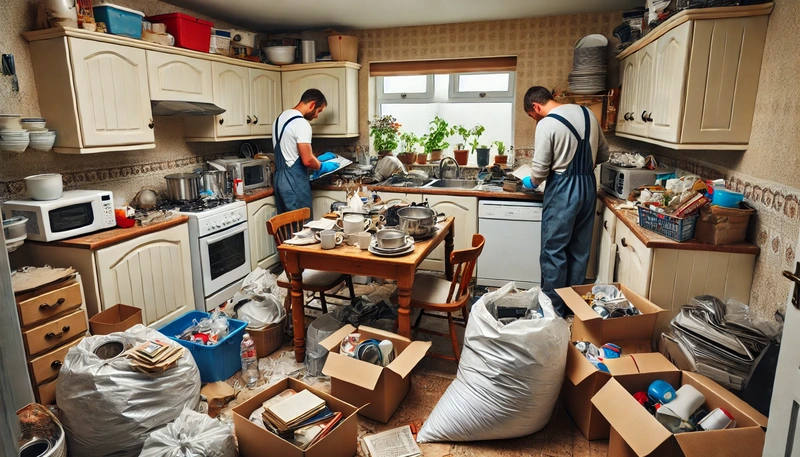 Two clearance workers in dungarees clearing rubbish bags and boxes from a cluttered kitchen full of dishes and pots.